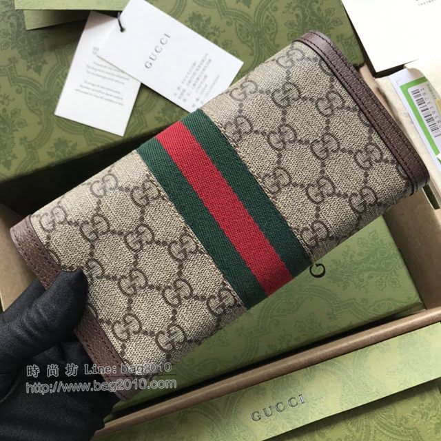 Gucci原厂皮包包 古驰男女GG印花红绿织带翻盖短款钱包 Gucci短夹零钱包 523153  gdj1734
